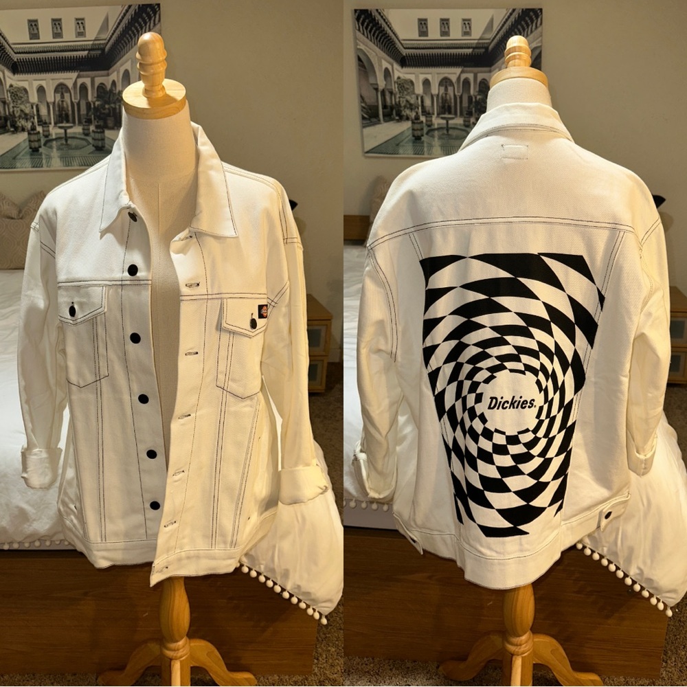Dickies | NWOT White Denim Jacket Black Checker Spiral Graphic XL